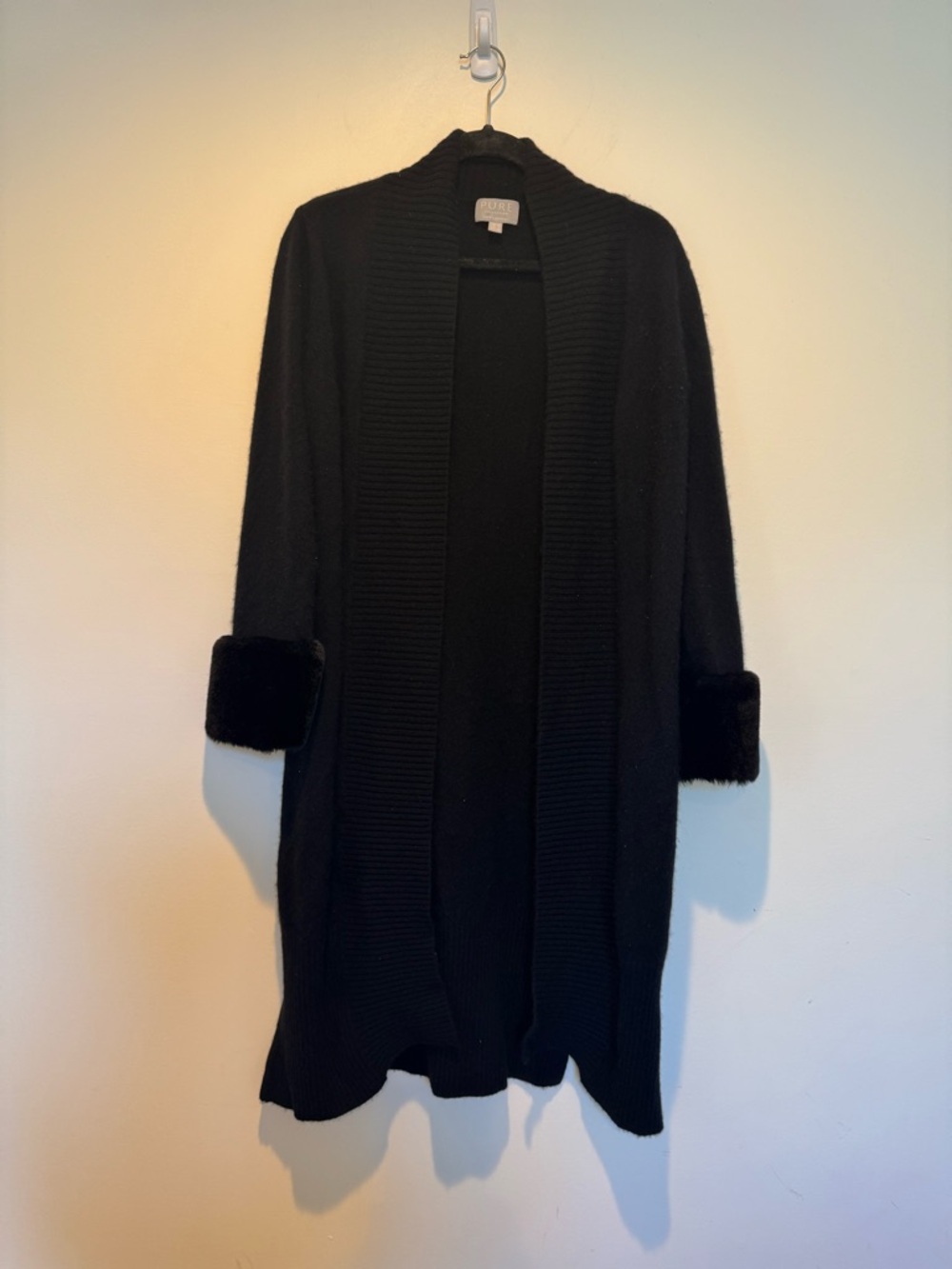 Pure Collection Cashmere Cardigan Sweater with Faux Fur Cuffs, Black, Size 6